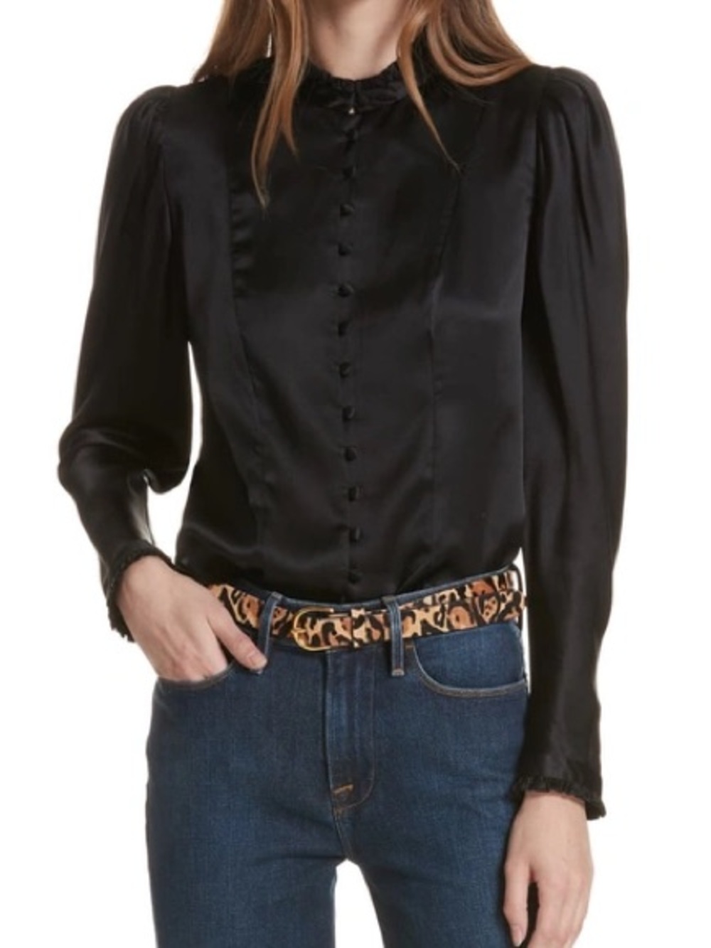 Frame Denim Black Satin Covered-Button Long-Sleeve Blouse Size Large